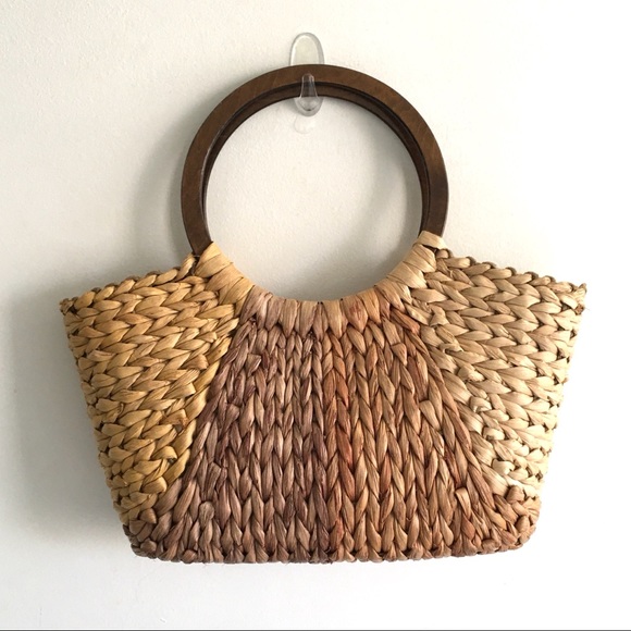(SOLD) Straw Tote Bag With Round Wood Handles - Picture 3 of 13